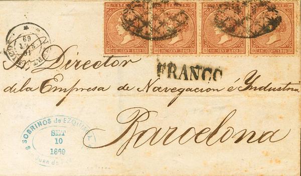 948 - <i class="far fa-envelope"></i>  Ant.16(4). 1869. 10 cts castaño amarillo, cuatro sellos. SAN JUAN a BARCELONA. Matasello PARRILLA COLONIAL y en el frente marca FRANCO. MAGNIFICA Y RARO FRANQUEO DE CUATRO PORTES. - 200€